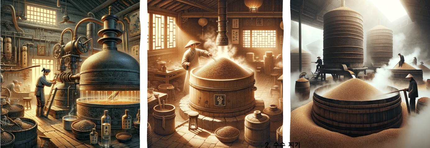 수수를 물에 불린 후 찐다. 이는 천연 설탕을 활성화하여 발효를 준비합니다. 이는 곡물의 전분을 젤라틴화하고 발효를 위해 준비합니다.