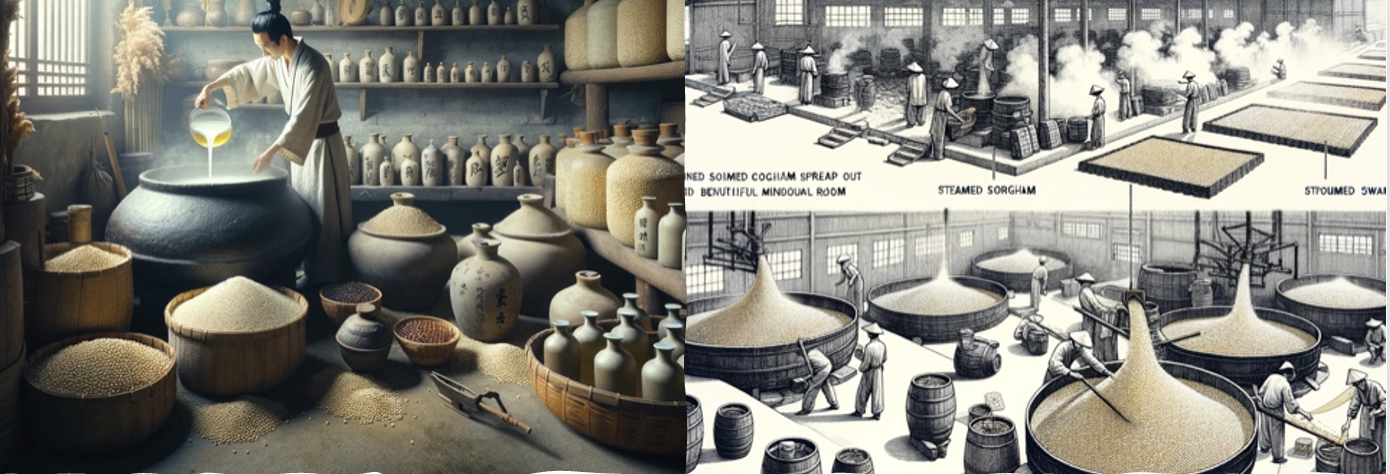 찐 후 수수를 식힌다. 그런 다음 "누룩"(효모와 기타 미생물의 독특한 혼합물)과 발효제와 혼합되어 발효 과정이 시작됩니다